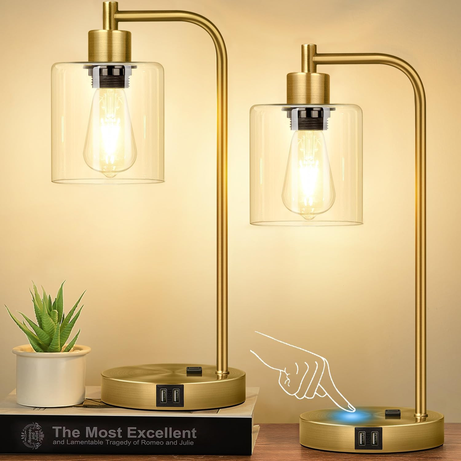 Industrial Touch Table Lamps Set of 2-2 USB Ports & AC Outlet Nightstand Lamps, 3-Way Dimmable Be... | Amazon (US)