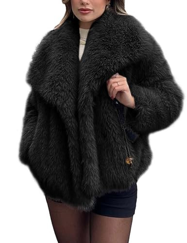 Shiyifa Faux Fur Coat for Women Fluffy Faux Fur Jacket Long Sleeve Open Front Cropped Fuzzy Outerwear(Black,L) | Amazon (US)