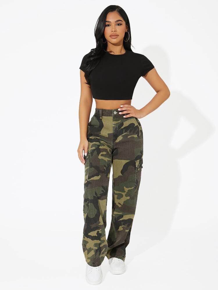 SHEIN PETITE Camo Print Flap Pocket Cargo Jeans | SHEIN