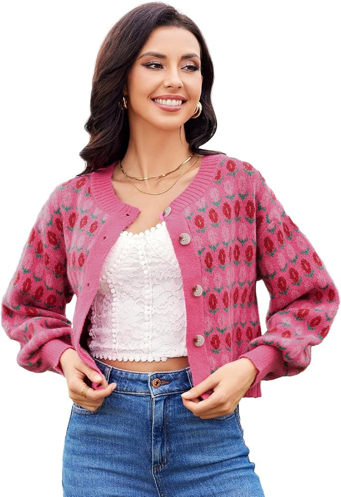 WDIRARA Women's Floral Button Down Ribbed Knit Crew Neck Cropped Cardigan Sweater | Amazon (US)