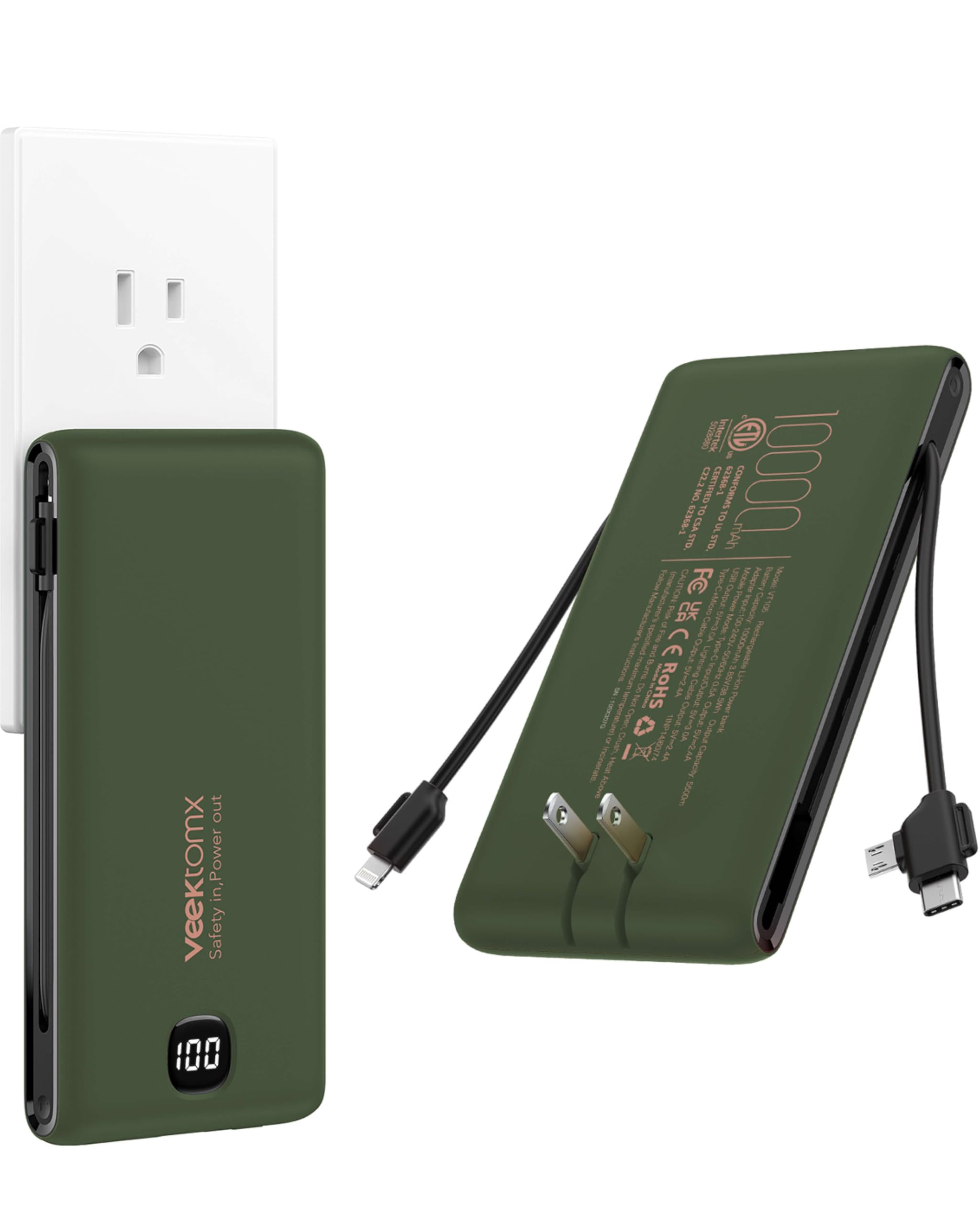 VEEKTOMX Portable Charger with Built in Cables 10000mAh, Power Bank for iPhone with Wall Plug, Travel Essential Fast Charging USB C Slim External Battery Pack for iPhone 17/16/15, Samsung, iPad, etc | Amazon (US)
