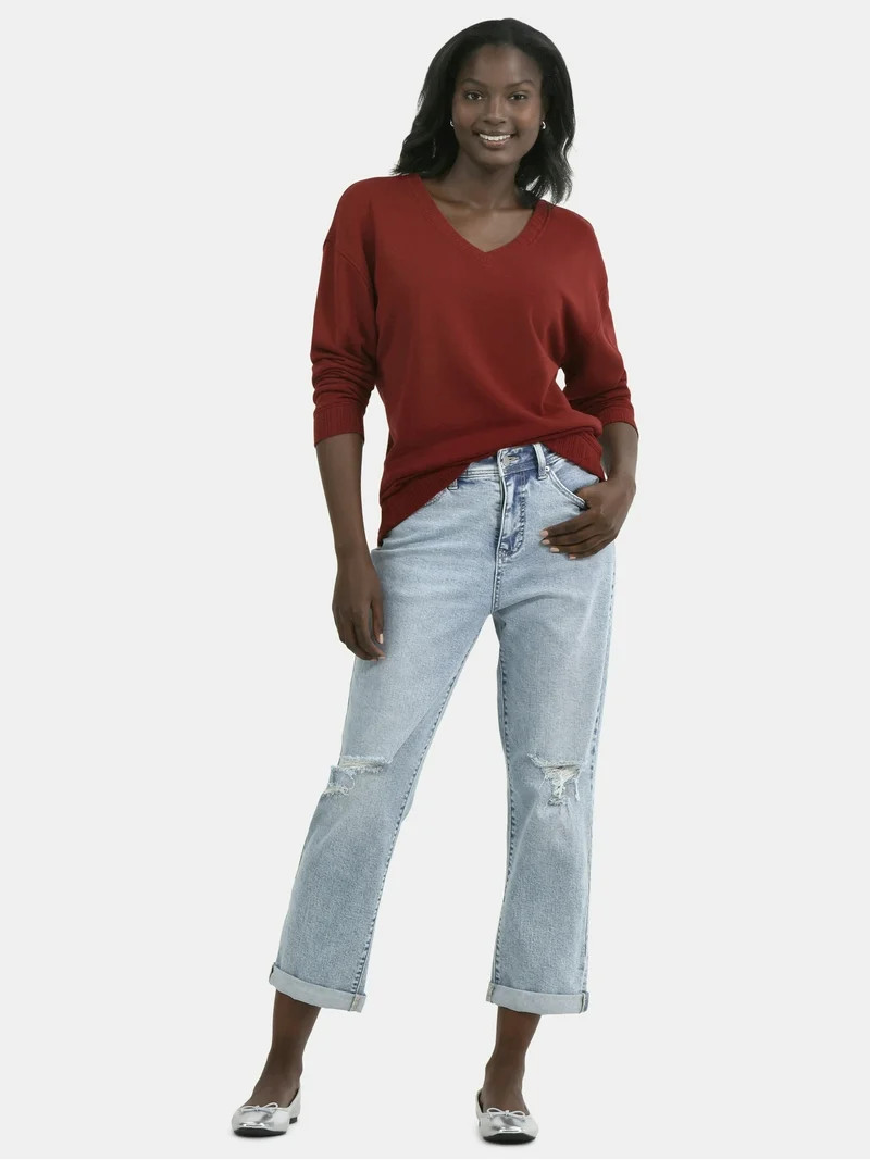 Time and Tru Women's V-Neck Sweatshirt with Long Sleeves, XS-XXXL | Walmart (US)