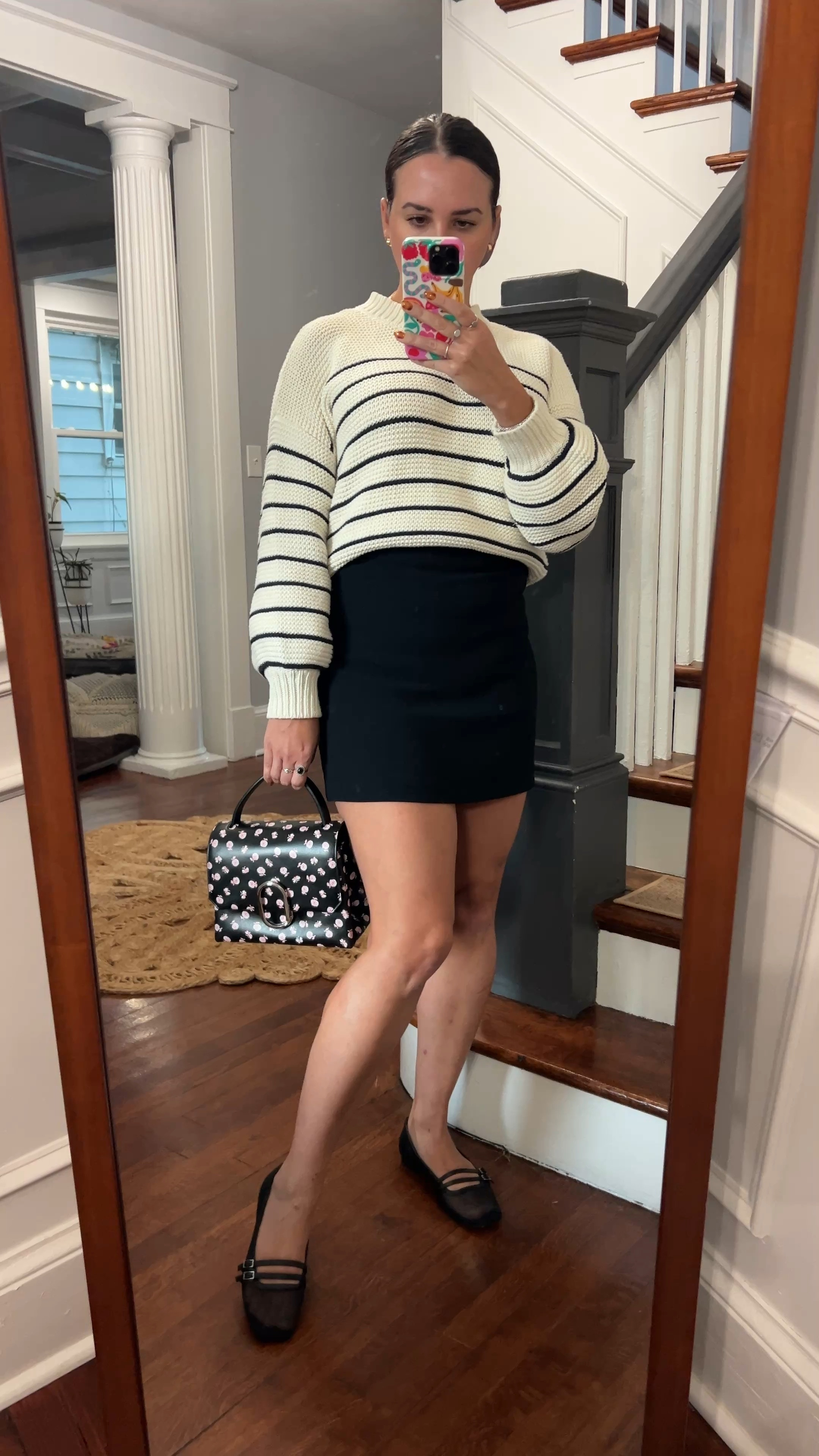 Striped sweater. Mini skirt. Black skirt. Mesh ballet flats. Mesh flats. 

#LTKVideo #LTKFindsUnder100 #LTKSeasonal