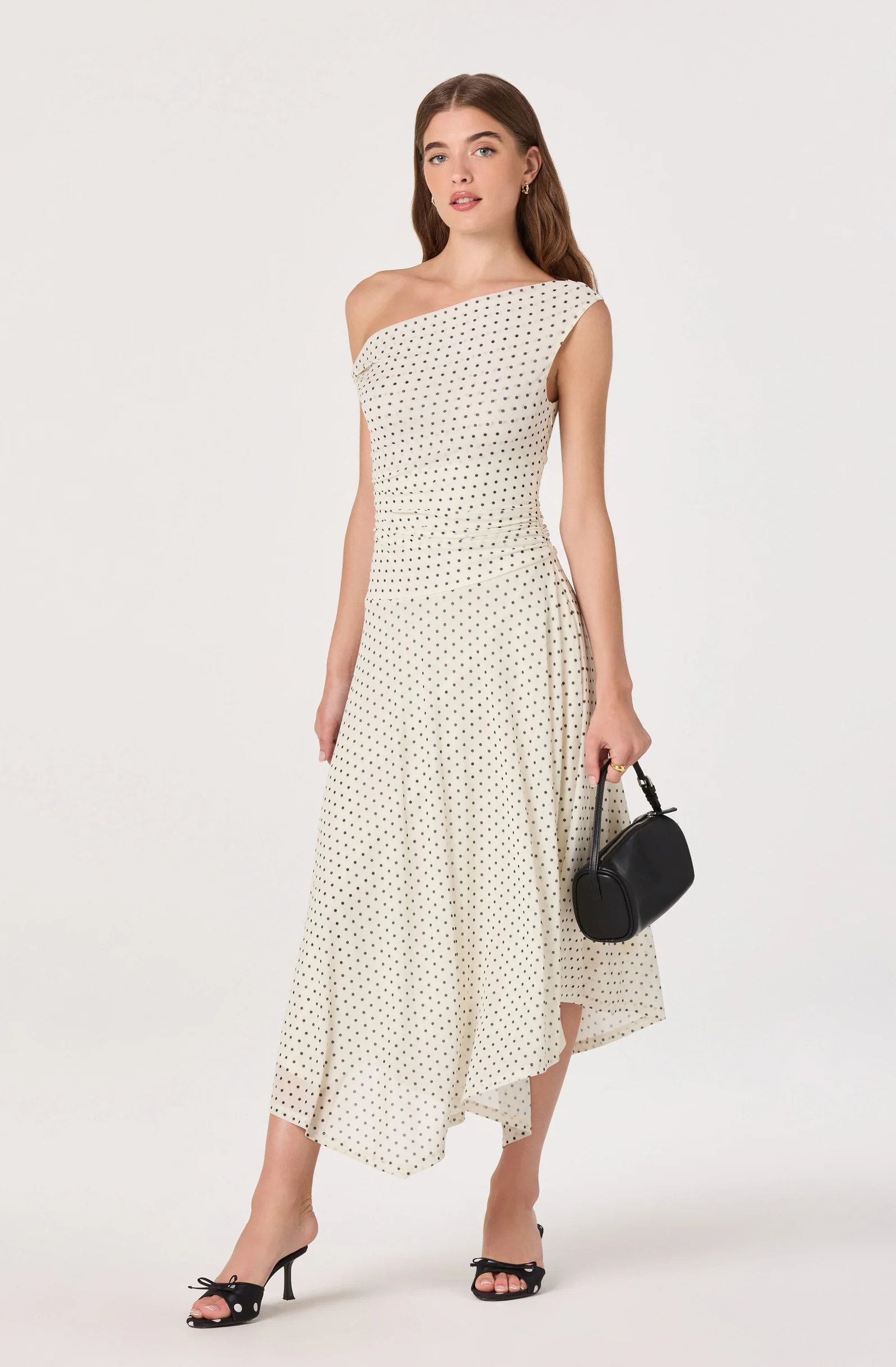 Ciarra Off-Shoulder Asymmetric Midi Dress - Ivory polka dot / XS | ASTR The Label (US)
