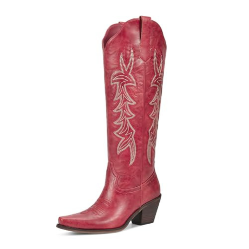 wetkiss Red Cowboy Boots Womens Cowgirl Boots Knee High Retro Woman Western Vintage Embroidery Pointed Toe Chunky Heel Ladies Tall Boot for Concert Rodeo Wedding Parties Dancing Daily Wear Size 7 | Amazon (US)