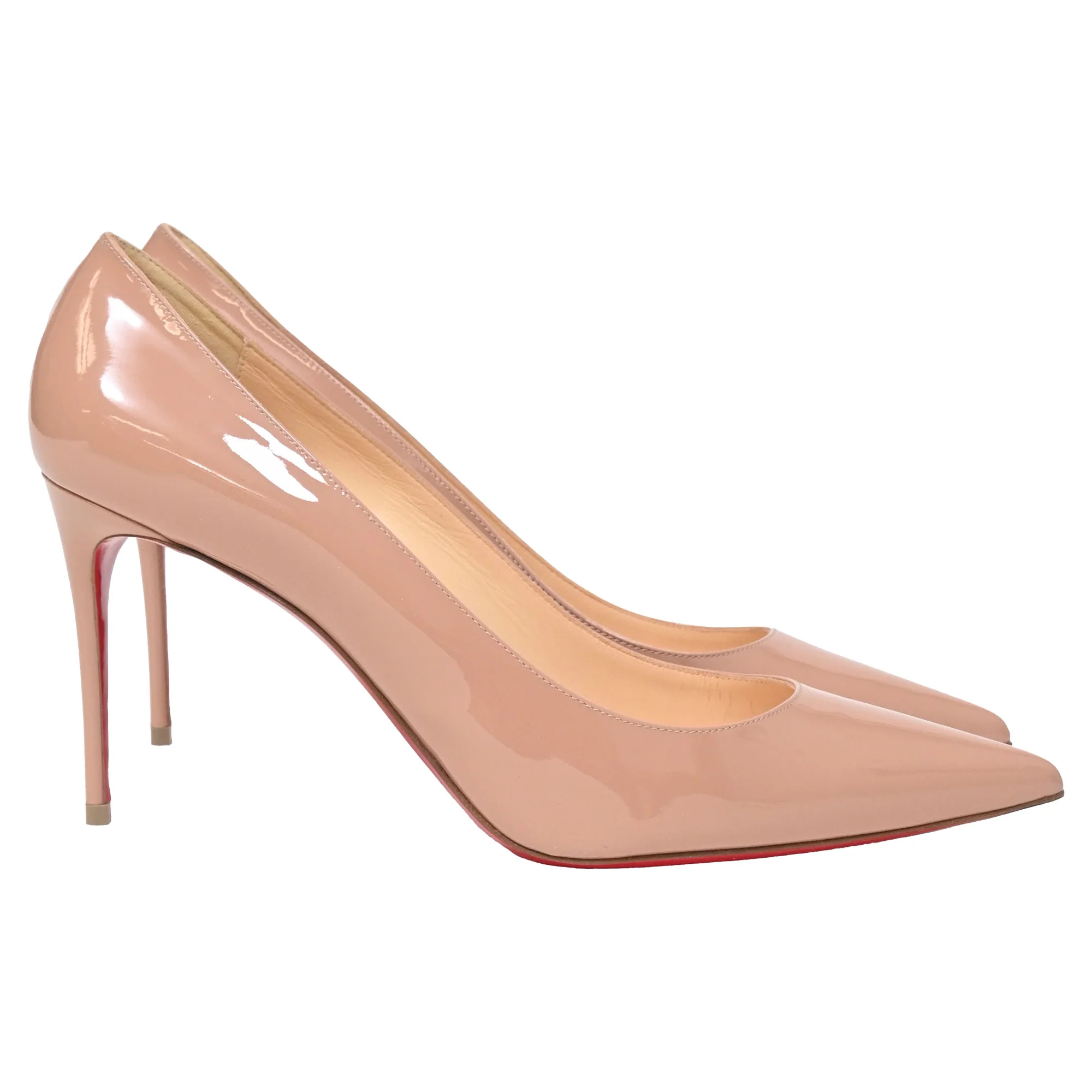 Christian Louboutin Kate 85 Pointed Pumps in Nude Patent Calf Leather | Shop Simon
