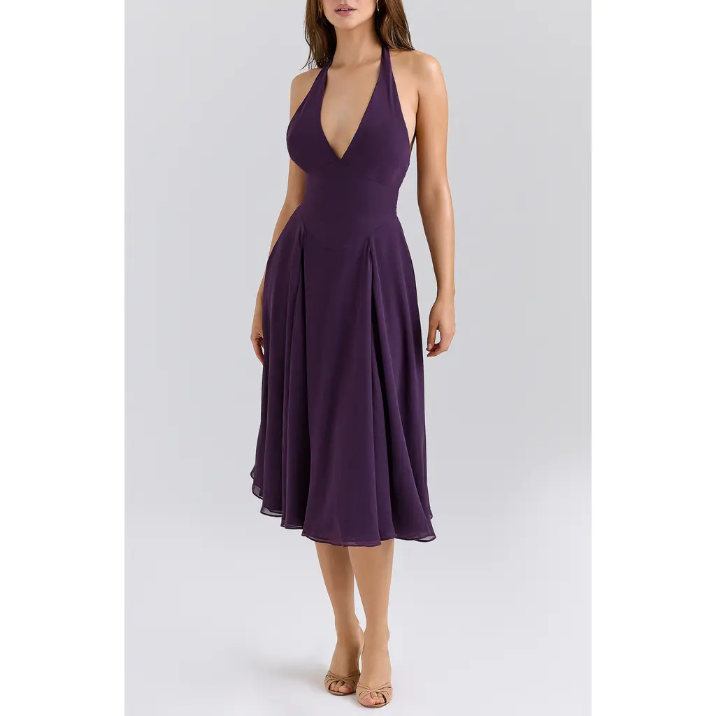 HOUSE OF CB Solada Georgette Halter Dress in Grape at Nordstrom, Size X-Small A | Nordstrom