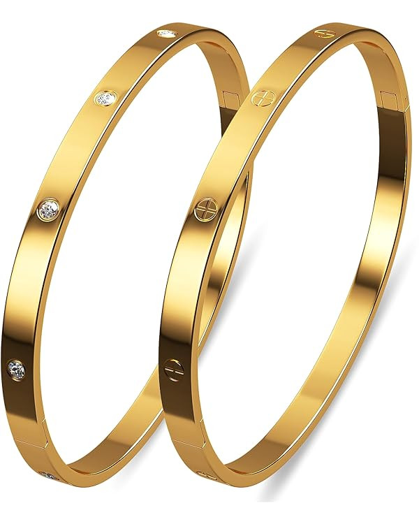 AICase 18 K Gold Plated Love Bangle Bracelet Dupes Sets(Gold/Rose Gold/Silver) Stack Wide Wristba... | Amazon (US)
