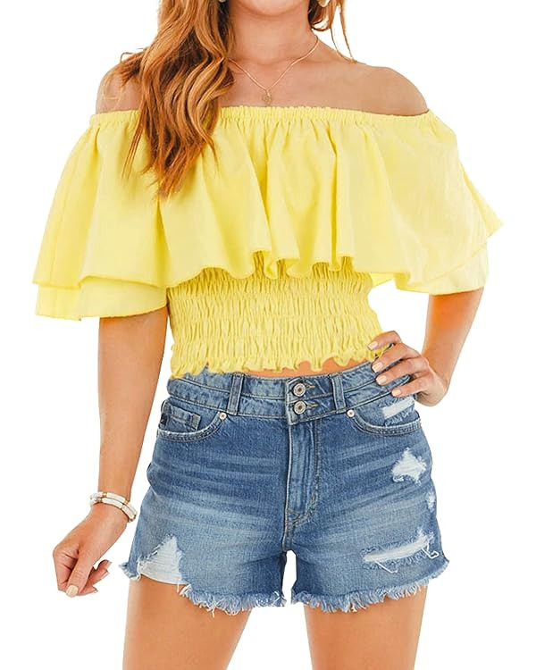 Hibluco Womens Off Shoulder Tops Ruffled Crop Top Smocked Waist Blouse Summer Tops | Amazon (US)
