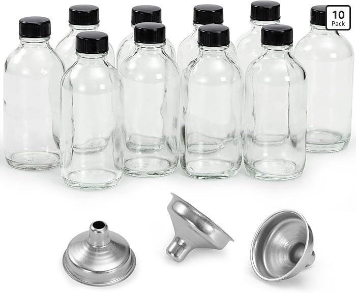 10 Pack, 4 oz Small Clear Glass Bottles w/Lids & 3 Stainless Steel Funnel - 120ml Boston Round Sa... | Amazon (US)