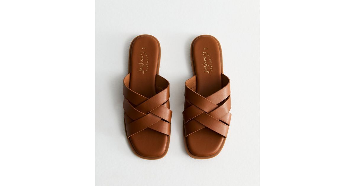 Tan Leather-Look Cross Strap Mule Sandals | New Look | New Look (UK)