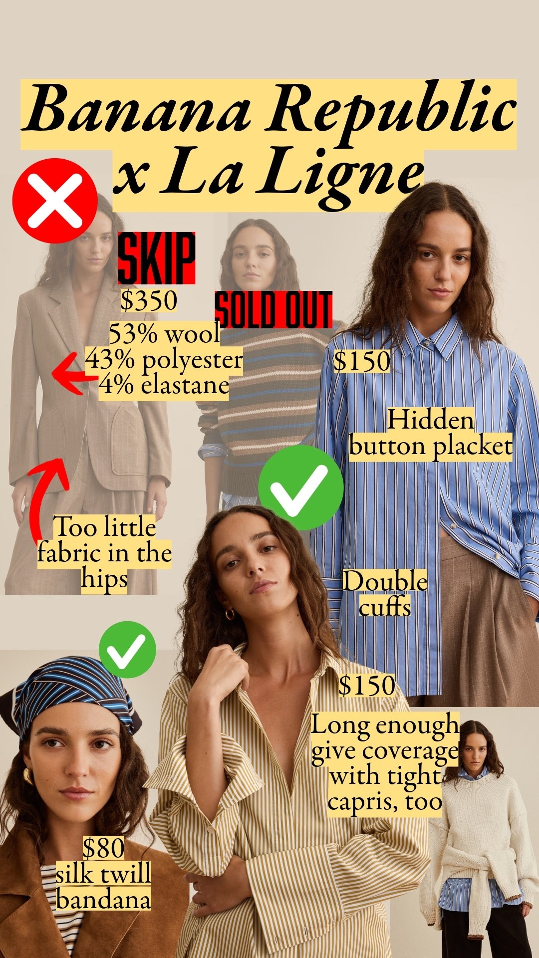 The BR x La Ligne collection just dropped with a mix of hits & misses. The tailored pieces are, unfortunately, made with too much polyester in the blend. Instead, the button ups are excellent. The collars have the shape and body I love from BR's shirting. The stripes are aligned and symmetric. The hidden button placket dresses them up, as does the double cuff that you can fold up. They're long enough to have the tails show when layered under generous sweaters or hip-length jackets. They'd be great over tight capris to give you coverage in the back. The bandanas have the wearable stripe patterns that make them easy to style – they go with denim blues and neutrals. The twill weave means they have body, which looks more expensive than comparably priced scarves at J.Crew.

#LTKootd #LTKSeasonal #LTKSaleAlert