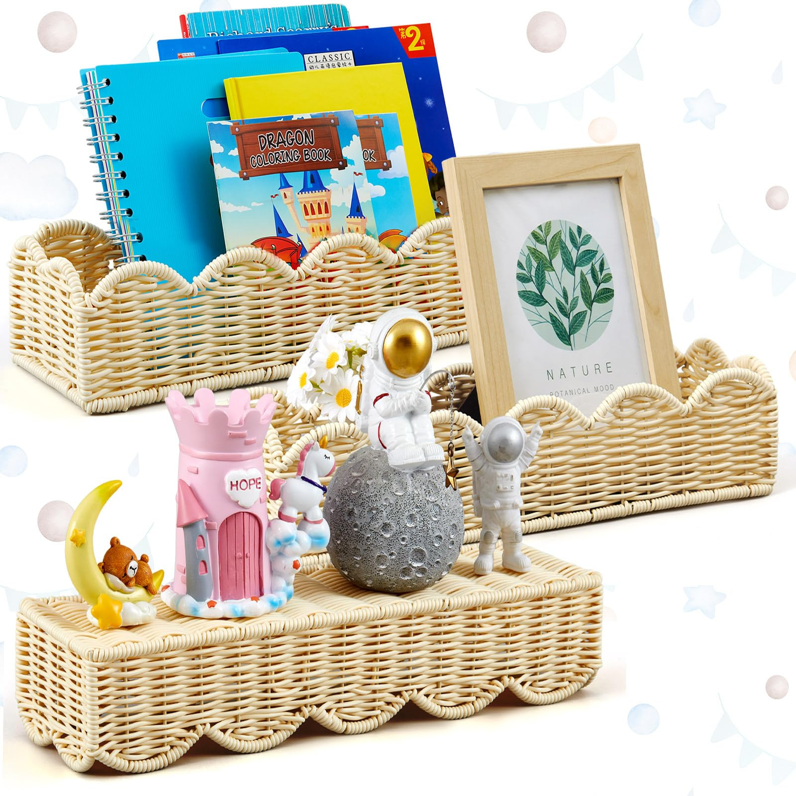 Pinkunn 3 Set Nursery Book Shelves Scalloped Rattan Wall Shelf 15.8 x 3.2 Inch Wall Mounted Plast... | Amazon (US)