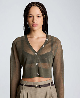 Women's Long-Sleeve Sheer Cropped Cardigan Sweater | Macy's