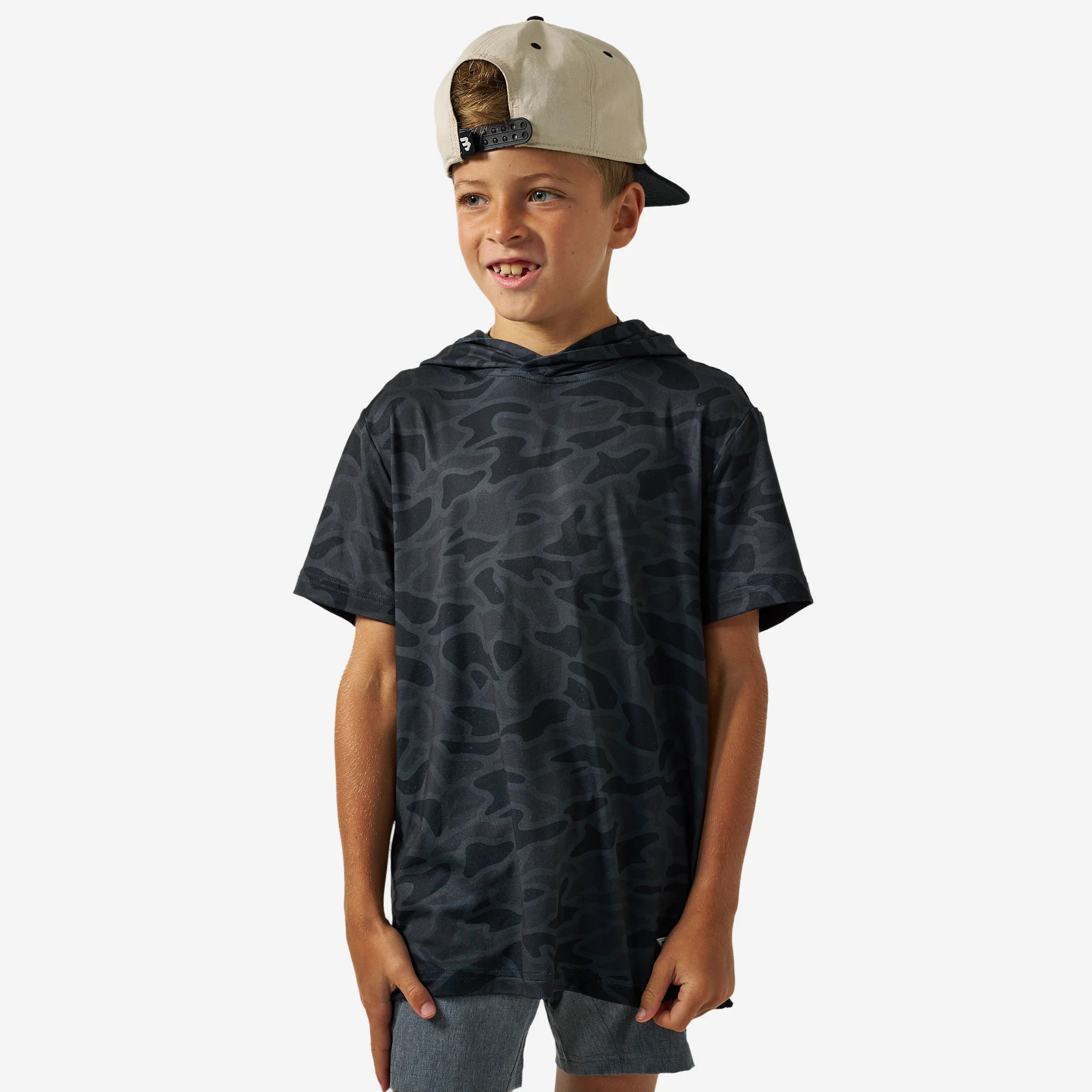 Youth Short Sleeve Performance Hoodie - Black Camo | BURLEBO