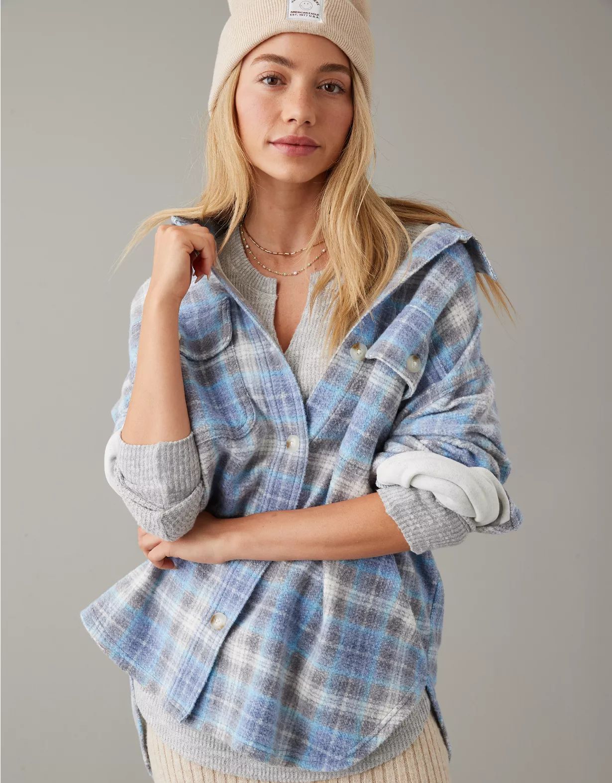 AE Oversized Plaid Fleece & Love Shacket | American Eagle Outfitters (US & CA)