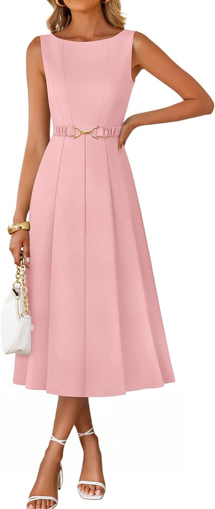 ZESICA Women Summer Sleeveless Midi Dresses 2026 Elegant Boat Neck A Line Tie Waist Spring Cockta... | Amazon (US)