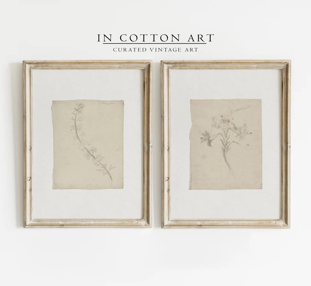 Set of 2 Botanical Vintage Sketches, 2 Piece Vintage Wall Art, Printable Antique Flowers, 2 Piece... | Etsy (US)