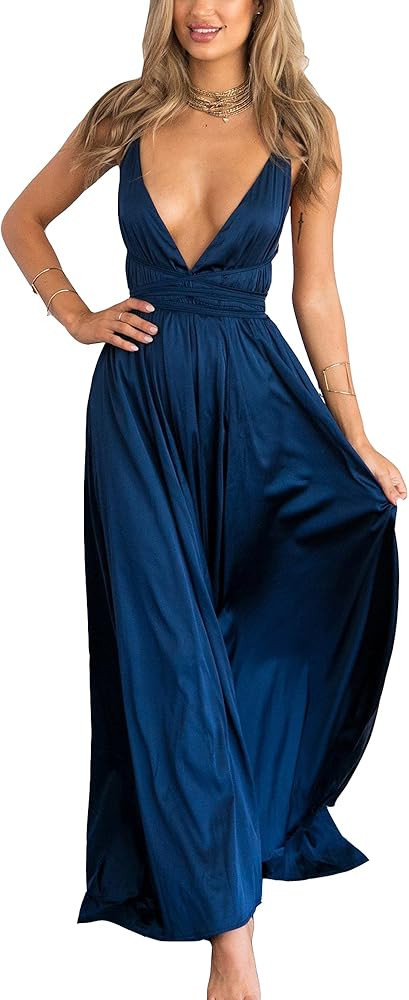 Women's Satin Formal Dress Sexy V Neck Backless Split Long Maxi Cocktail Party Wedding Guest Dres... | Amazon (US)