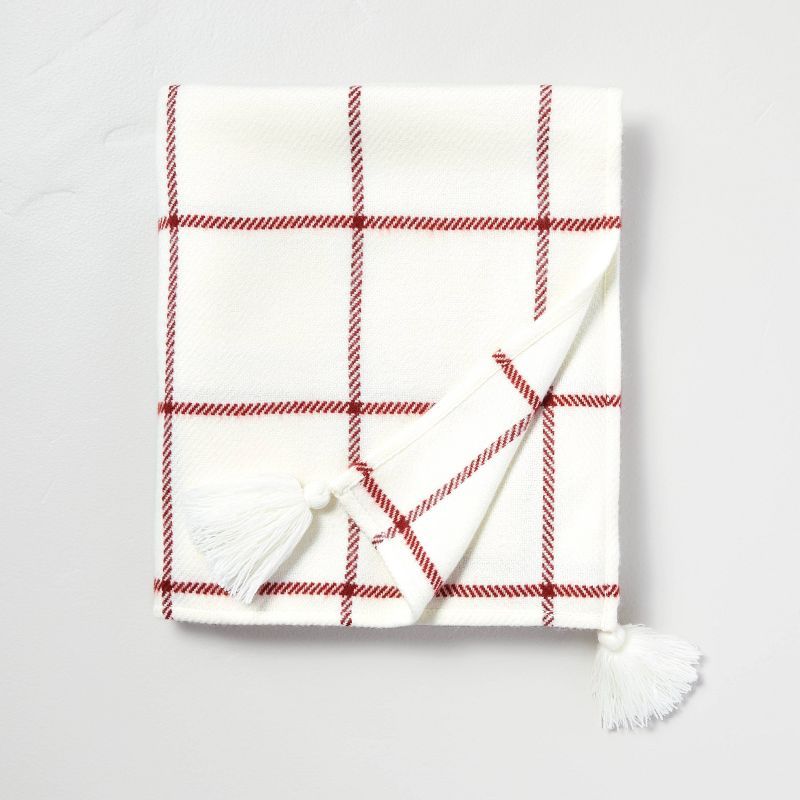 Grid Lines Tasseled Woven Throw Blanket Cream/Red - Hearth & Hand™ with Magnolia | Target