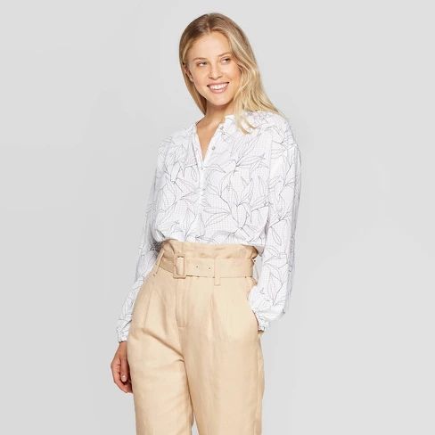 Women's Leaf Print Long Sleeve Collared Popover Blouse - A New Day™ White | Target