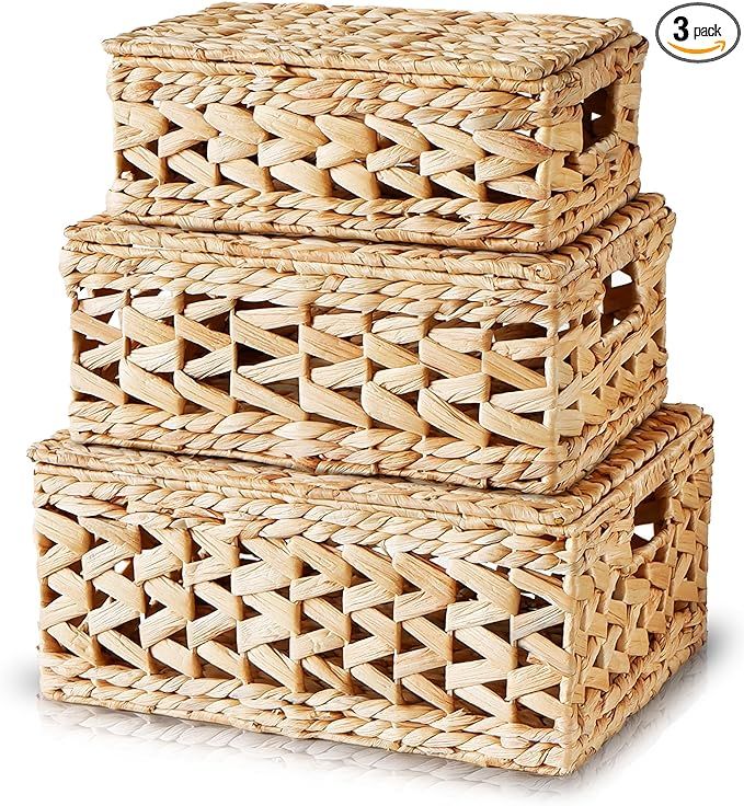 14 Inch Wicker Storage Baskets with Lids, Set of 3 Rattan Lidded Hyacinth Baskets for Organizing,... | Amazon (US)