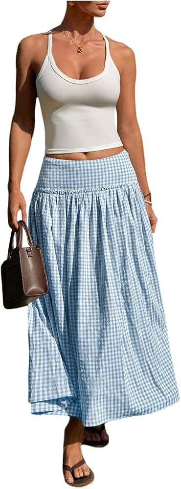 MakeMeChic Women's Plaid Gingham Maxi Skirt Low Waist Flowy Long Skirts | Amazon (US)