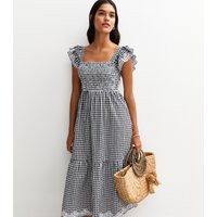 Women's Black Gingham Print Embroidered Frill Sleeve Tiered Midi Dress New Look | New Look (UK)