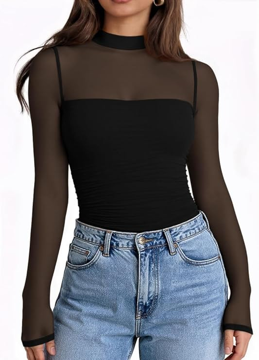LILLUSORY Womens Long Sleeve Mesh Tops Mock Neck See Through Lace Shirts Sheer Going Out Sexy 202... | Amazon (US)