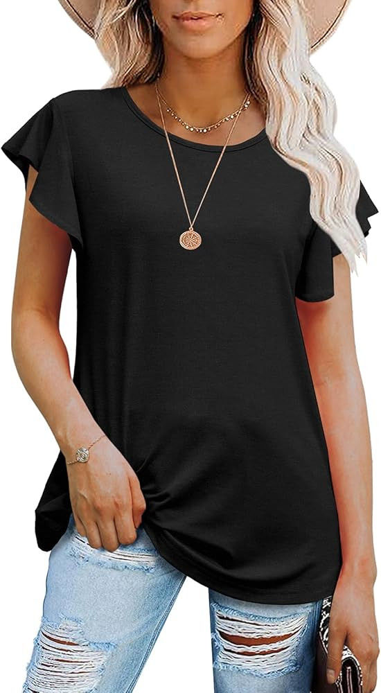 PrinStory Women's Tops Summer Casual Ruffle Short Sleeves Knit Shirts Round Neck Tunic Top for Wo... | Amazon (US)