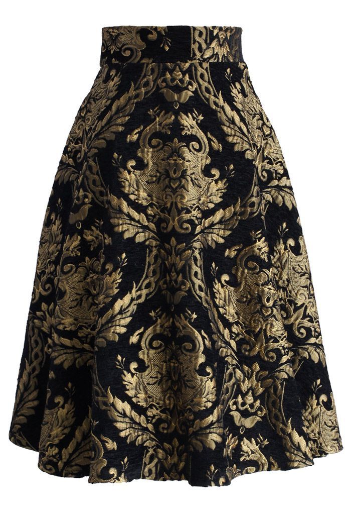 Golden Bouquet Jacquard Midi Skirt | Chicwish