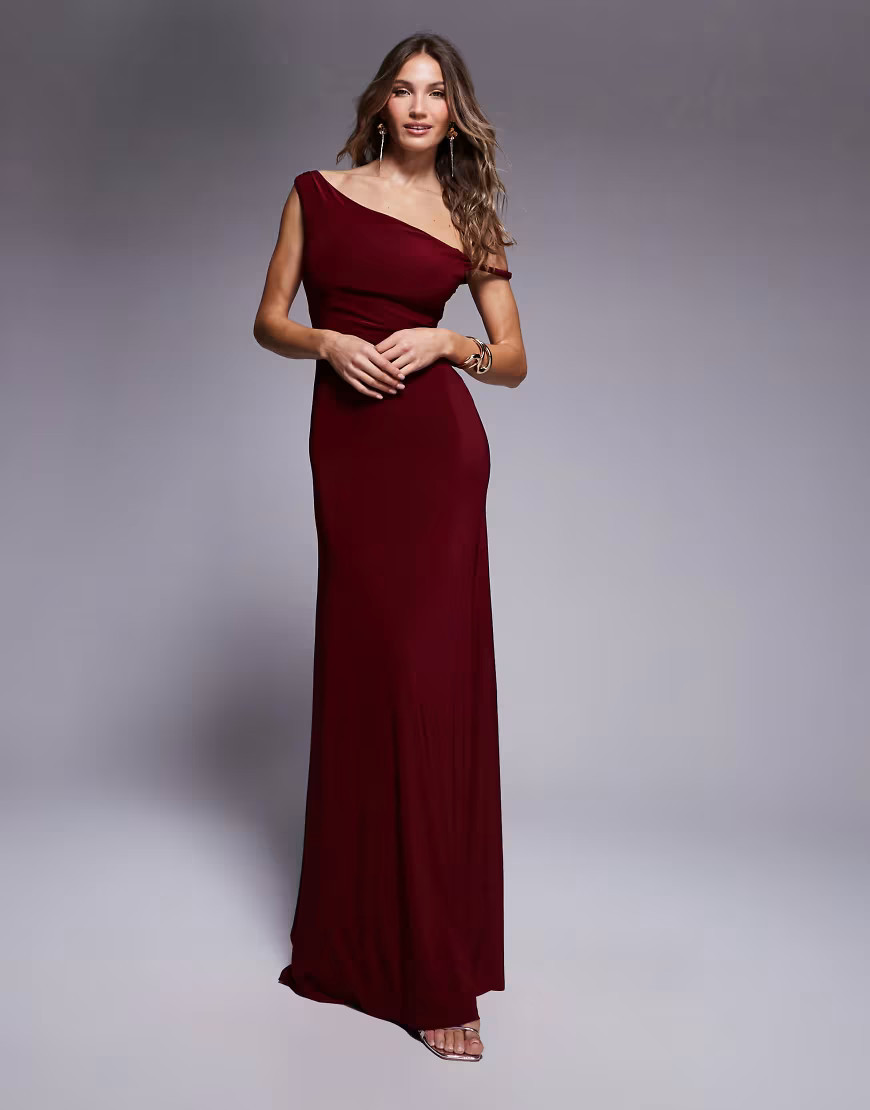 ASOS DESIGN twist shoulder with lace up back maxi dress in wine-Red | ASOS (Global)