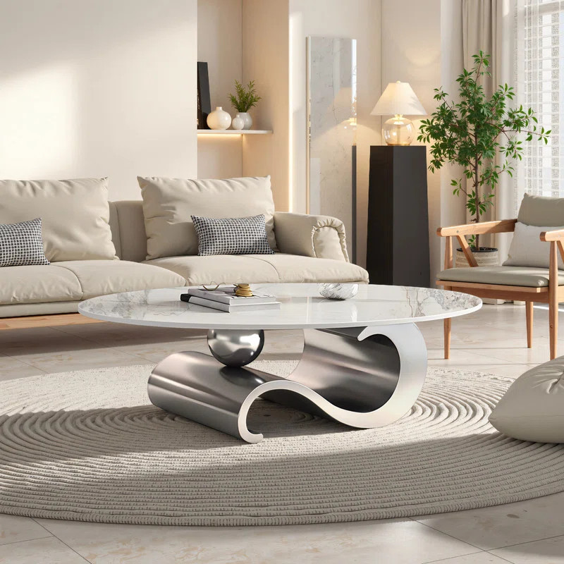 Luxury White Oval Coffee Table with Musical Note Base–Modern Accent Piece for Living Room Decor | Wayfair North America