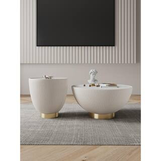 Anderson 28.15 in. Cream Round Leatherette Upholstered Faux Marble Coffee Table with 18.43 in. En... | The Home Depot