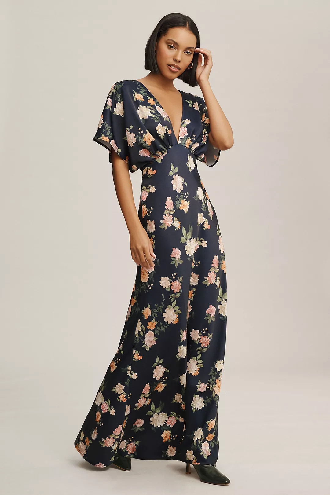 BHLDN Leila Deep-V Flutter-Sleeve Satin A-Line Gown | Anthropologie (US)