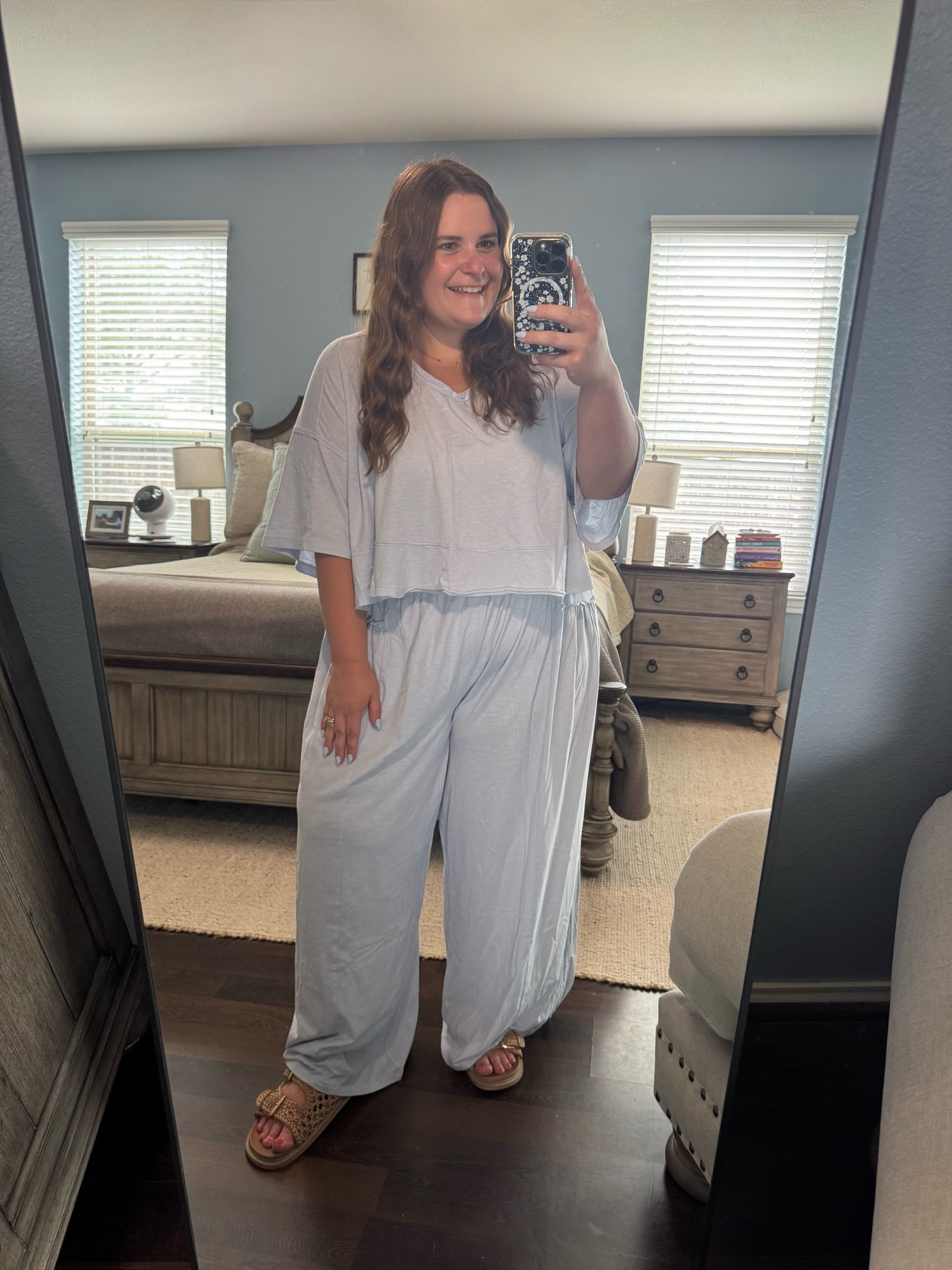 This Aerie set is on sale right now! 🤩 It’s so comfy and light weight but not see through. I’m 5’1 and a size 16 wearing an XL in the top and XL SHORT in the pants. Finished the look with cushionaire sandals. Such a cute color for spring and summer and they have other color options.

#LTKootd #LTKMidsize #LTKPlusSize