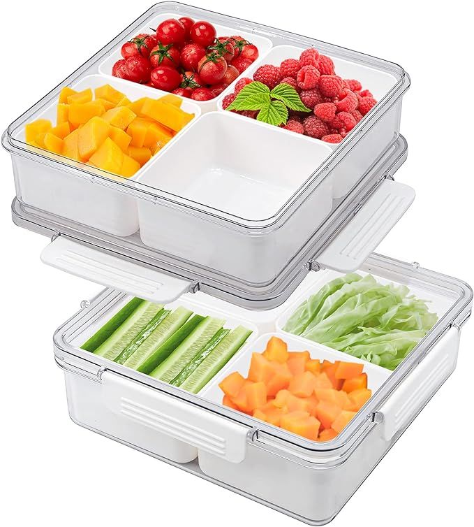 MineSign 2Pack Divided Veggie Tray with Lid for Snack Serving Container Salad Keeper with 4 Remov... | Amazon (US)