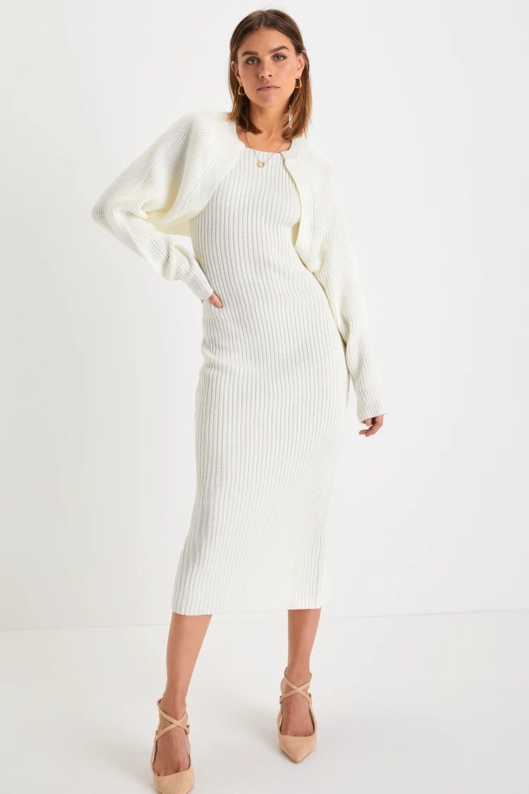 Aesthetic Season Ivory Ribbed Two-Piece Dress & Cardigan Set | Lulus