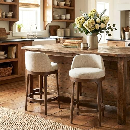 Christopher Knight Home Chole 26.5" H Bar Stools Set of 2, Indoor Wooden Counter Stools with Round Upholstered Seat, Kitchen Stools, Rubberwood Frame with Footrest for Dining Island, Beige + Walnut | Amazon (US)