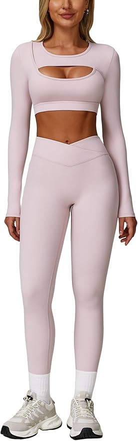 2 Piece Workout Sets for Women Seamless High Waist Flare Leggings Yoga Long Sleeve Cutout Crop To... | Amazon (US)