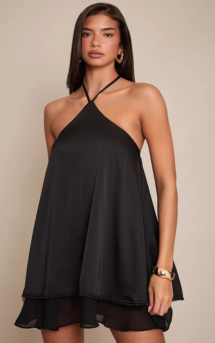 Black Satin Halterneck Smock Mini Dress | PrettyLittleThing UK