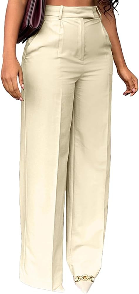 LKOUS Casual Wide Leg Dress Pants Women,High Waisted Work Pant Straight Leg Trousers with Pockets | Amazon (US)