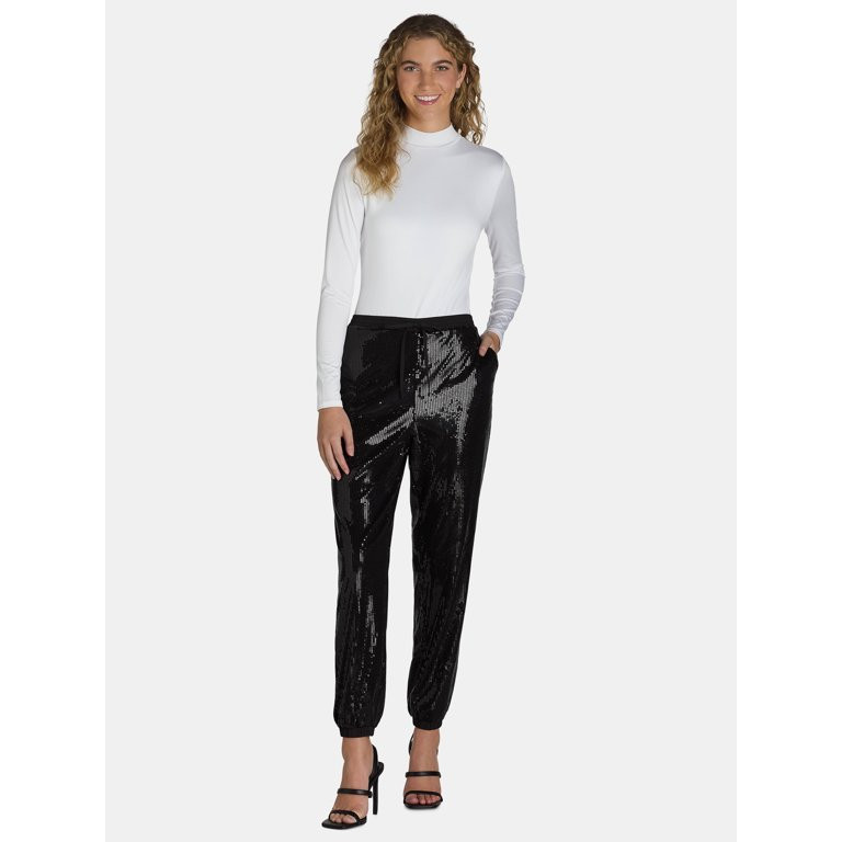 Time and Tru Women's Pull On Sequin Jogger Pants, 27" Inseam | Walmart (US)