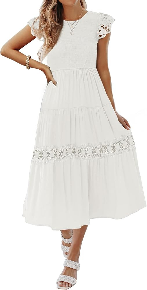 ZESICA Women's 2024 Casual Crew Neck Flutter Sleeve Smocked High Waist Hollow Out Lace Trim Tiere... | Amazon (US)