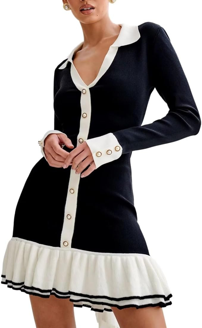 Sheface Women's Long Sleeve Ruffle Hem Knit Sweater Dress Collared Back Tie Knot Cut Out Mini Bod... | Amazon (US)