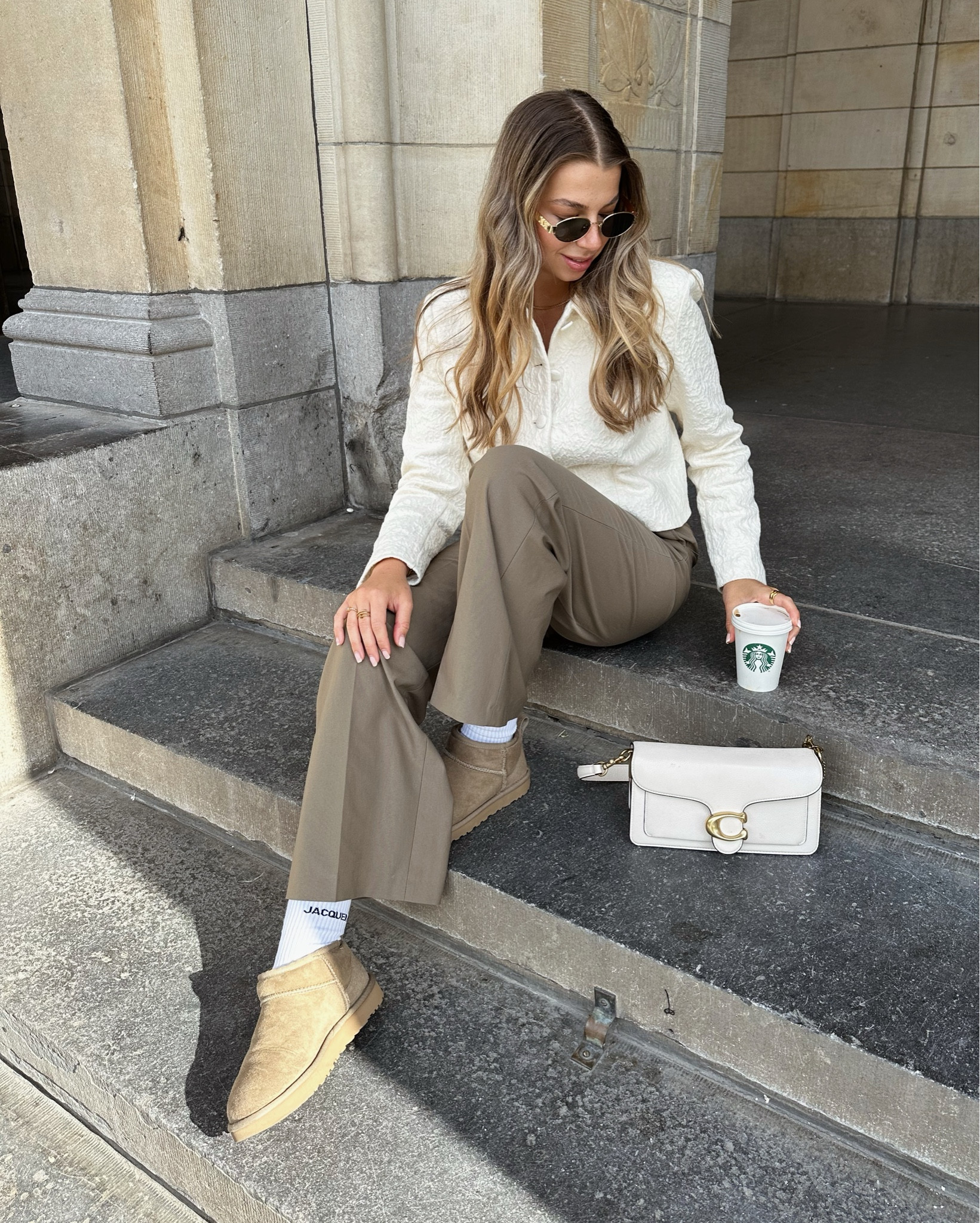 Sunny day in the city today! 

Wearing a Mango cropped jacket, with khaki trousers from Mango, and UGG’s antilope. For accessories I’ve got my Coach Tabby bag, Jacquemus socks, Celine triomphe sunglasses and a Loewe brooch. ✨

#LTKeurope #LTKautumn #LTKstyletip