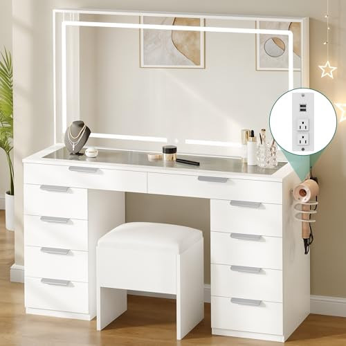 YITAHOME Makeup Vanity with Light Strip & Extra-Large Mirror, 10-Drawer Vanity Table Set with Power Hub & Hair Dryer Rack, Glass Top Vanity with 3 Color Modes Adjustment, Storage Bench for Bedroom | Amazon (US)