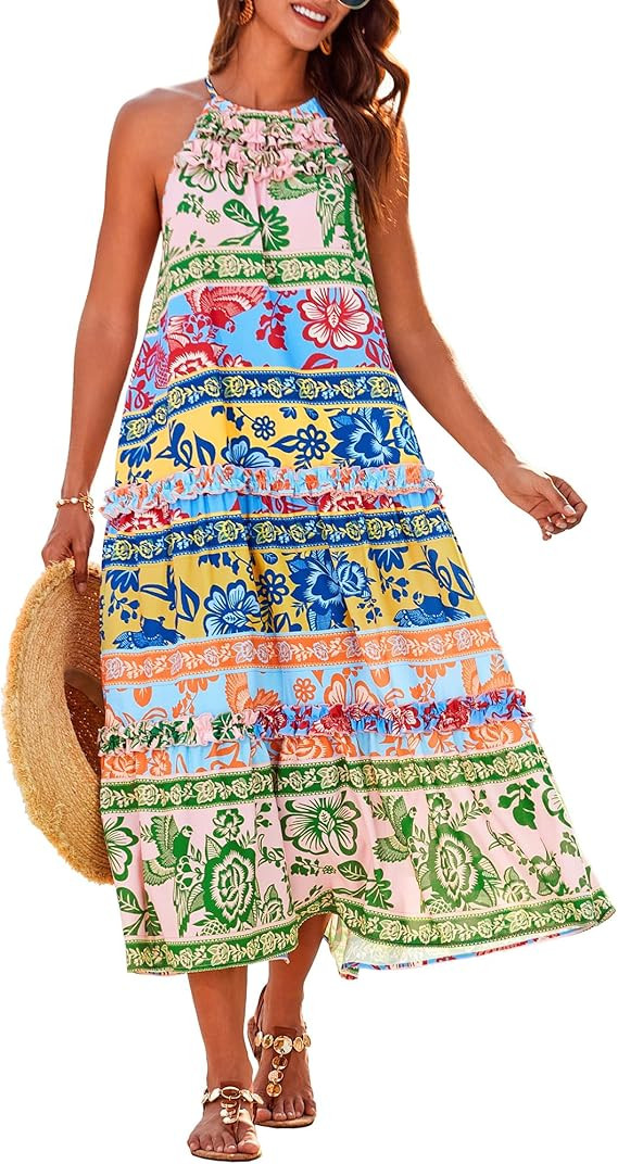 GRACE KARIN 2026 Women's Floral Halter Maxi Dress Boho Summer Beach Sundress with Tiered Ruffle S... | Amazon (US)
