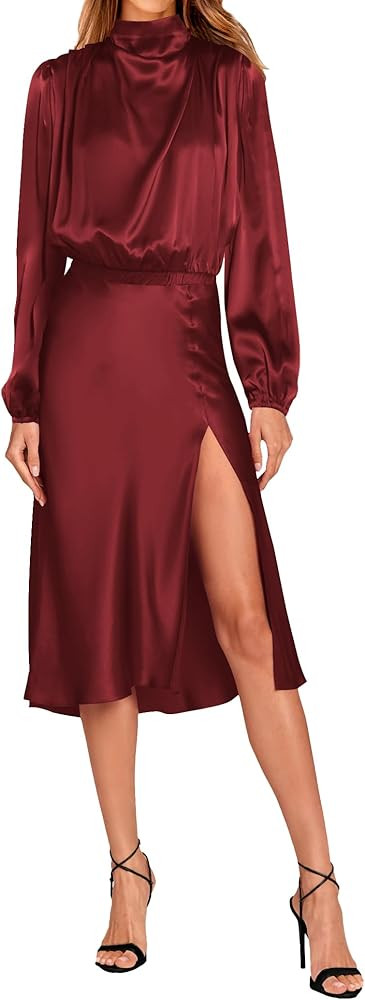 PRETTYGARDEN Women Fall Formal Mock Neck Long Sleeve Satin Dress Elastic Waist High Slit Midi Wed... | Amazon (US)