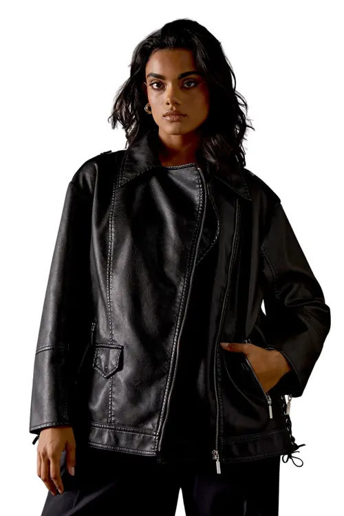 Warehouse Oversized Whipstitch Leather Look Jacket in Black at Nordstrom, Size 6 | Nordstrom